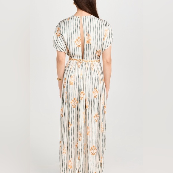 Agua Bendita Strip Floral Maxi Dress Short Sleeve Cream Green Size Small NWT - Picture 6 of 16